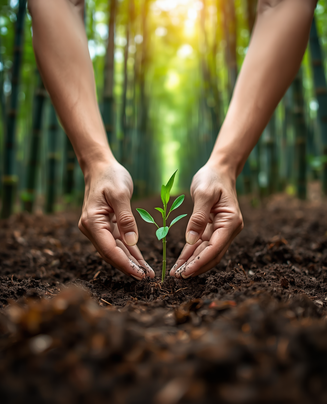 Hands holding a young bamboo plant