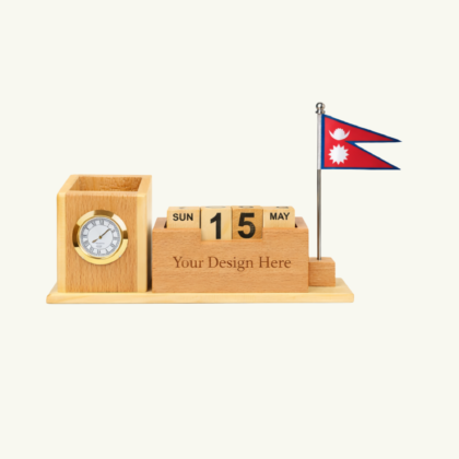Personalized Wooden Desk Organizer Pen Holder for Office Docking Station with Date Clock and National Flag