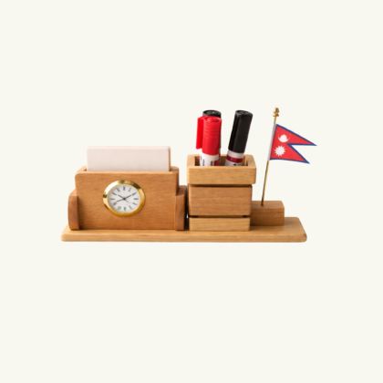 Wooden DIY Pen Holder Stand Having Clock With Visiting Card /Phone Stand, And Nepal Flag