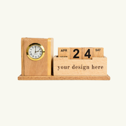 Personalized Wooden Desk Organizer Pen Holder for Office Docking Station with Date Clock